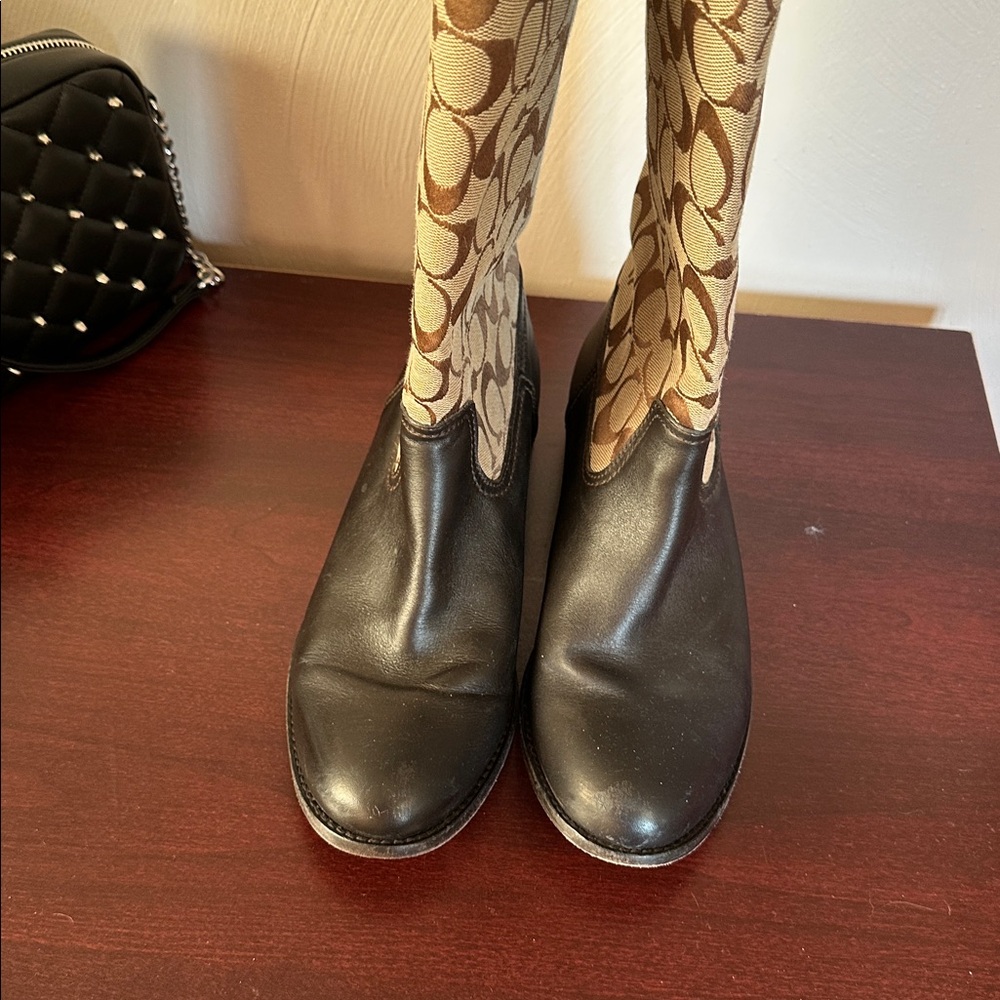 Coach Brown and Black Patterned Knee-High Boots size 7.5
